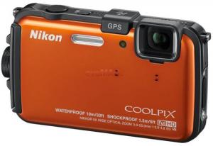 NIKON - Aparat Foto Digital COOLPIX AW100 (Portocaliu), Full HD, Rezistent la Apa, Soc si Inghet, GPS Incorporat + CADOURI
