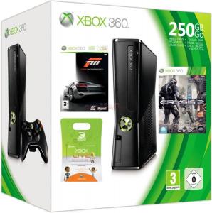 Microsoft - Consola XBOX 360 Slim, HDD 250GB + joc Forza Motorsport 3 + Crysis 2 + Card XBOX Live (valabil 3 luni)