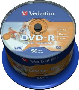 Verbatim - Blank DVD-R&#44; 16X&#44; 4.7GB&#44; 50 pack&#44; Inkjet Printable