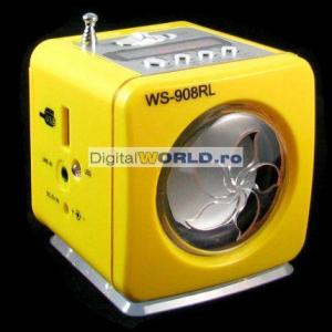 Mini Boxa cu MP3 Player si Radio FM portabil, cu acumulator, display si port USB/SD/MMC, WS-908RL galben