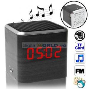 Mini Boxa cu MP3 Player, Radio FM, Ceas cu alarma, cu acumulator, display LED, port USB, card micro-SD, gama PREMIUM