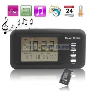 Radio FM, Mini Boxa, MP3 Player USB, Ceas cu alarma, Termometru, acumulator detasabil