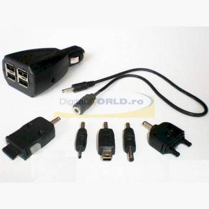 Alimentator auto 4 iesiri USB + 5 conectori pentru incarcare telefoane mobile, playere MP3, GPS