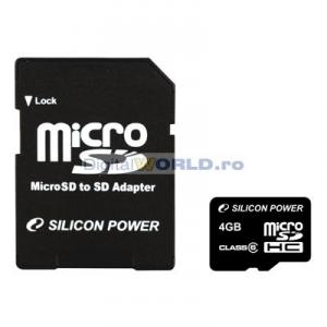 Card memorie Micro SD, SDHC 4GB, clasa 6,cu adaptor, Silicon Power