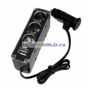 Priza auto tripla cu USB, model WF0096, cu cablu