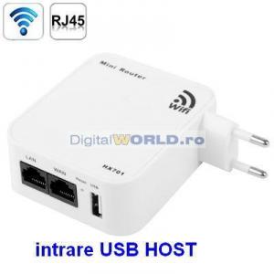 Router wireless miniatura cu intrare USB HOST, functii NAS (HDD retea), Extender, Repetor, Access Point, Bridge