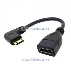 Cablu adaptor mufa conector mini HDMI tata 90 grade la mufa HDMI mama, pentru tableta PC, aparat foto, camera video, media player