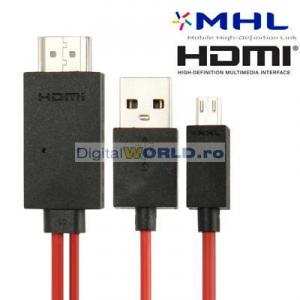 Cablu adaptor micro USB MHL - HDMI TV Full HD, pentru conectare la televizor, telefoane si tablete compatibile MHL (de ex. Samsung Galaxy S2, S3, S4, Tab 3, LG Optimus, HTC One, Evo, Huawei, ZTE, Sony, etc.)