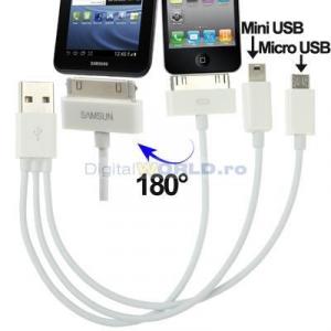 Cablu USB pentru iPhone, Galaxy Tab 30 pini, + cablu Micro USB, + cablu Mini USB