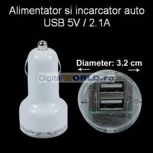 Alimentator si incarcator auto cu iesire dubla USB, 5V, curent maxim 2.1A, pentru  telefoane, tablete, playere, GPS-uri