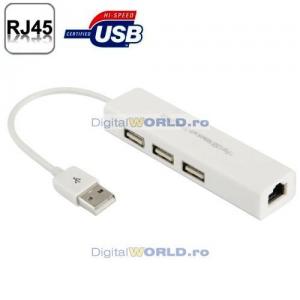 Adaptor USB - retea LAN Ethernet RJ-45 si HUB USB OTG 3 porturi