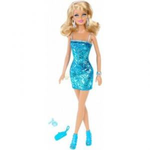 Papusa Barbie in rochite cu paiete stralucitoare turcoaz