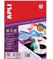Etichete autoadezive Apli multimedia A4, CD/DVD, diam ext 117 mm, diam int 18mm, 50 buc, 25 coli/top