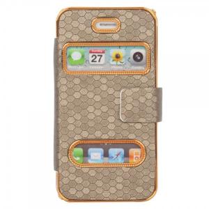 Hexagon Pattern Flip Protective Leather Case for iPhone 4/4S Brown WW87004150
