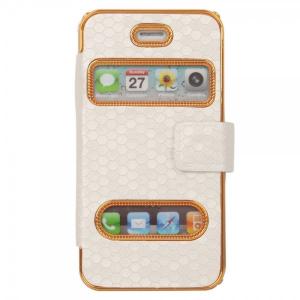 Hexagon Pattern Flip Protective Leather Case for iPhone 4/4S White WW87004151