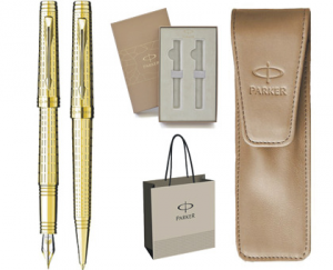 SET PARKER PREMIER STILOU+PIX DELUXE GOLD+ETUI, Economic Light Brown+Cutie pt. cadou Premium dubla+Punga cadou!