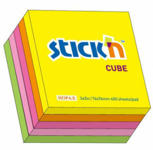 Cub notes autoadeziv 76 x 76 mm, 400 file, Stick"n - 5 culori fluorescente