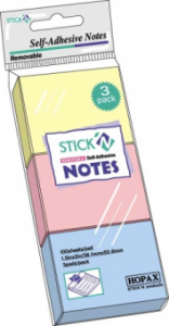 Notes autoadeziv 38 x  51 mm, 3 x 100 file/set, Stick"n - 3 culori pastel