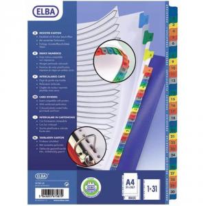Index carton numeric 1-31, A4 XL, alb cu margine pp color, Mylar ELBA