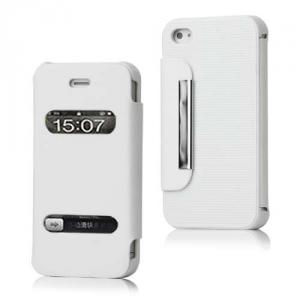 Husa Slim Flip Din Piele iPhone 4 4s Alba