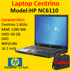 HP Compaq nc6110 Notebook, Intel Centrino, 1.4Ghz, 1280Mb, 40Gb, Wi-Fi, 14.1 inci, DVD
