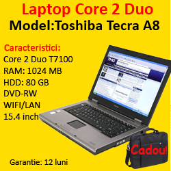 Laptop second hand Toshiba Tecra A8, Core 2 Duo T7100 1.66Ghz, 1Gb DDR2, 80Gb, DVD-RW, Wi-Fi