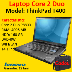 Laptop second hand Lenovo ThinkPad T400, Core 2 Duo P8800, 2.66Ghz 4Gb DDR3, 160Gb, DVD-RW