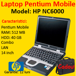 Laptop second HP NC6000, Intel Pentium M,1.6Ghz, 512Mb DDR, 40Gb, Combo, 14 inci