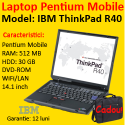 Laptop ieftin IBM ThinkPad R40, Pentium M, 1.6Ghz, 512Mb, 30Gb, DVD-ROM