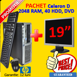 Pachet second HP 7600 SFF, Intel Celeron D, 2.8 Ghz, 2048Mb, 40Gb, DVD + LCD 19 inci