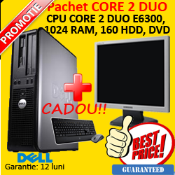 Pachet Dell Optiplex GX755 Desktop, Intel Core 2 Duo E6300, 1.8 Ghz, 1Gb DDR2, 160Gb, DVD + Monitor LCD