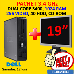 Pachet second Dell 745, Pentium Dual Core 3 Ghz, 1024 RAM, 80 HDD, CD-ROM + Monitor LCD 19 inci