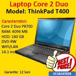 Laptop ieftin Lenovo ThinkPad T400, Core 2 Duo P8700, 4Gb DDR3, 160Gb, DVD-RW, Baterie Extinsa, WebCam