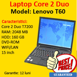 Laptop second Lenovo T60, Core 2 Duo T7200, 2.0Ghz, 2Gb DDR2, 160Gb, DVD-ROM, 15 inci LCD, Wi-Fi
