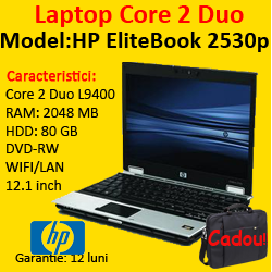 Laptop HP EliteBook 2530p, Core 2 Duo L9400, 1.86Ghz, 2Gb DDR2, 80Gb SATA, DVD-RW, Wi-Fi, Fara baterie