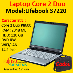 Laptopuri Fujitsu Siemens S7220, Intel Core 2 Duo P8600, 2.4Ghz, 2Gb DDR3, 120Gb HDD, DVD-RW