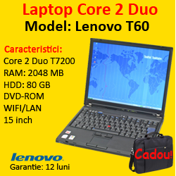 Laptop second Lenovo T60, Core 2 Duo T7200, 2.0Ghz, 2Gb DDR2, 80Gb, DVD-ROM, 15 inci LCD, Wi-Fi