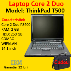 Laptopuri Second Hand Lenovo T500, Core 2 Duo P8400 2.26Ghz, 2Gb DDR3, 250Gb, Wi-Fi, Combo, 15.4 Inci
