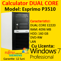 Licenta windows 7 Premium + Fuijtsu Esprimo P3510, Dual Core E2220, 2.4Ghz, 4Gb, 160Gb HDD, DVD-RW