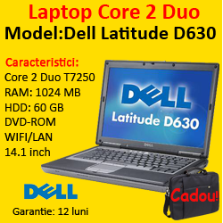 Laptopuri ieftine Dell Latitude D630, Intel Core 2 Duo T7250 2.0 GHz, 1Gb DDR2, 60Gb SATA, DVD-ROM