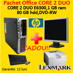 Computer HP DC7700, Core 2 Duo E6300, 1.86Ghz, 1Gb, 80Gb + Monitor 17 inci + Imprimanta Lexmark T430DN