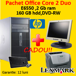 Unitate centrala HP DC5800, Core 2 Duo E6550, 2.33Ghz + Monitor 17 inci Grad A Lux + Imprimanta Lexmark E350D
