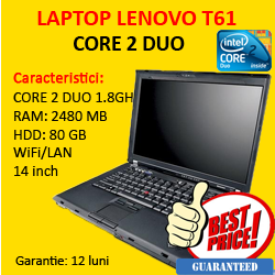 Laptopuri ieftine Lenovo T61, Core 2 Duo 1.8Ghz, 2Gb, 80Gb, DVD-RW, 14 inci LCD