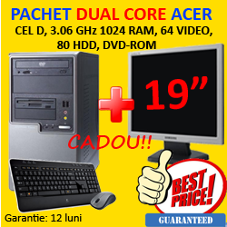 Calculator Acer 285, Celeron D, 3.06 GHz, 1 gb, 80 hdd, DVD + Monitor LCD 19 inch