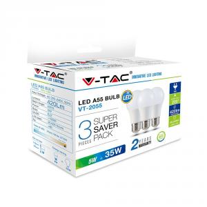 VT-2055 5W A55 BEC LED PLASTIC ALB CALD 3PCS/PACK E27 Cod V-TAC7266