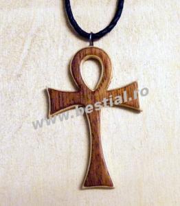 Medalion de lemn cu snur de piele Cruce Egipteana Model 4