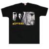 Tricou nirvana poza alb negru si logo galben