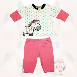 Pijama bebe - bluza alba cu buline roz si pantaloni roz - Hainute Bebelusi