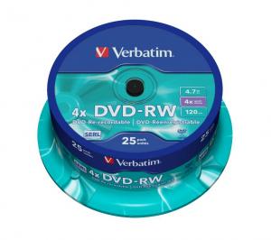 VERBATIM DVD-RW 4x, 4.7GB, Matt Silver, spindle 25 bucati (43639)