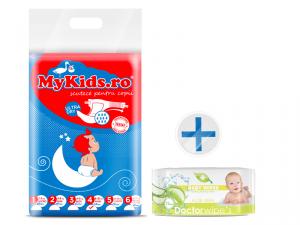 Scutece Copii MyKids New Maxi 4 (8-15kg) 54 buc Cadou Servetele Umede Doctor Wipes Aloe fara capac